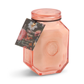 BOTANICA 8 OZ TRANSPARENT PINK GLASS W/ EMBOSSED LOGO & LID - SAFFRON ROSE, BOT0802