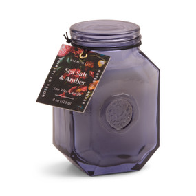 BOTANICA 8 OZ TRANSPARENT BLUE GLASS W/ EMBOSSED LOGO & LID SEA SALT & AMBER, BOT0803
