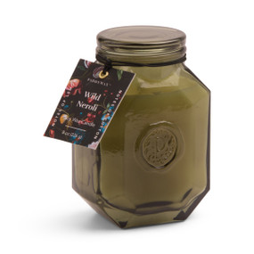 BOTANICA 8 OZ TRANSPARENT SAGE GREEN GLASS W/ EMBOSSED LOGO & LID - WILD NEROLI, BOT0804