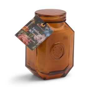 BOTANICA 8 OZ TRANSPARENT AMBER GLASS W/ EMBOSSED LOGO & LID - LEATHER & SMOKE, BOT0805