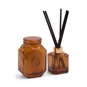 BOTANICA 2.8FLOZ AMBER TRANSPARENT GLASS DIFFUSER W/ REEDS & TUBED BOX - LEATHER & SMOKE, BOTFD005