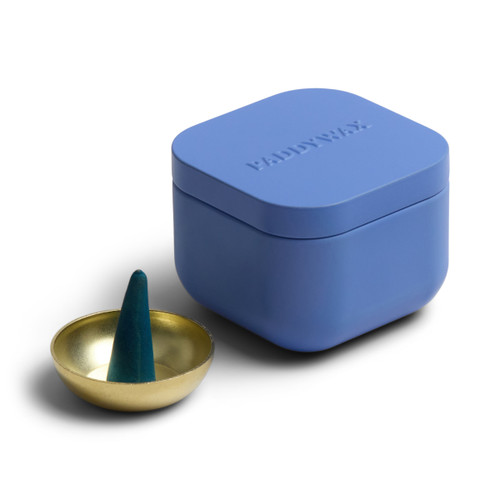 PERRIWINKLE BLUE CUBED METAL TIN INCENSE W/ 20 INCENSE CONES + INCENSE CONE HOLDER, INR03