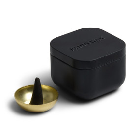 BLACK CUBED METAL TIN INCENSE W/ 20 INCENSE CONES + INCENSE CONE HOLDER, INR04