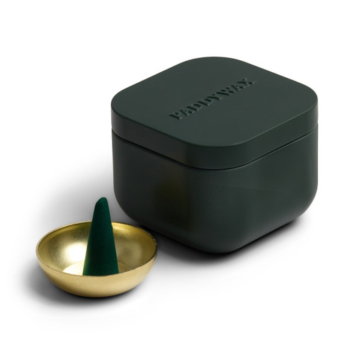 DARK GREEN CUBED METAL TIN INCENSE W/ 20 INCENSE CONES + INCENSE CONE HOLDER, INR07