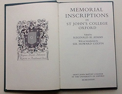 Memorial Inscriptions in St John's College, Oxford by R.H. Adams, 9780904107180