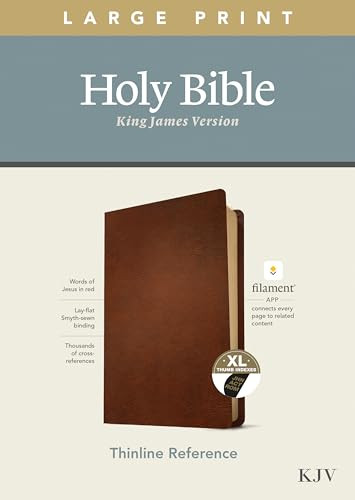 KJV Large Print Thinline Reference Bible, Filament Enabled (Genuine Leather, Brown, Indexed, Red Letter) by Tyndale, 9781496447265