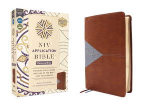 NIV Application Bible, Personal Size, Leathersoft, Brown/Blue, Red Letter, Comfort Print (Bringing the Ancient Message of the Bible into Your World) by Zondervan, 9780310465249