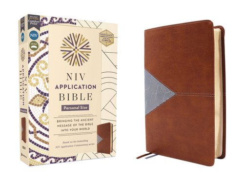 NIV Application Bible, Personal Size, Leathersoft, Brown/Blue, Red Letter, Comfort Print (Bringing the Ancient Message of the Bible into Your World) by Zondervan, 9780310465249