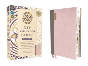 NIV Application Bible, Personal Size, Leathersoft, Pink/Gray, Red Letter, Thumb Indexed, Comfort Print by Zondervan, 9780310465270