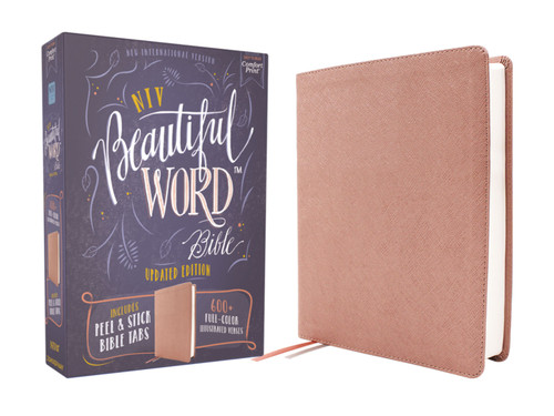 NIV, Beautiful Word Bible, Updated Edition, Peel/Stick Bible Tabs, Leathersoft, Pink, Red Letter, Comfort Print (600+ Full-Color Illustrated Verses) by Zondervan, 9780310466062