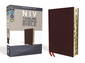 NIV, Thinline Reference Bible (Deep Study at a Portable Size), Bonded Leather, Burgundy, Red Letter, Thumb Indexed, Comfort Print by Zondervan, 9780310449645