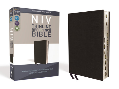 NIV, Thinline Reference Bible (Deep Study at a Portable Size), Bonded Leather, Black, Red Letter, Thumb Indexed, Comfort Print by Zondervan, 9780310449669