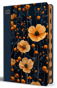 KJV Holy Bible, Large Print, Handy Size format, Hardcover, Dark Blue and Orange flower, page edge design, Thumb Index, Ribbon Marker, and Red Letter by KING JAMES VERSION, 9798890985392