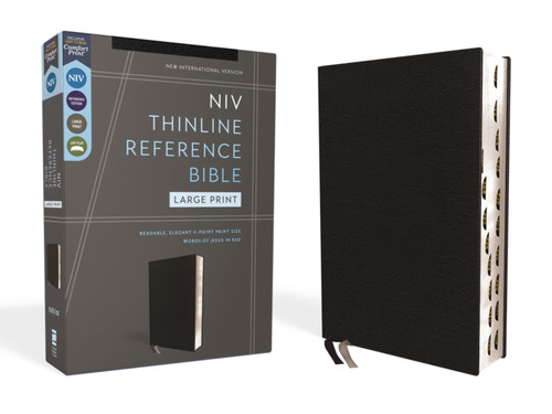 NIV, Thinline Reference Bible (Deep Study at a Portable Size), Large Print, Bonded Leather, Black, Red Letter, Thumb Indexed, Comfort Print by Zondervan, 9780310462651