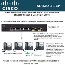 Cisco SG250-10P Gigabit Smart Switch with IP Phone SPA501G (4-UNITS) Refresh 8-Lines 2-Ports PoE (SG250-10P-BD1)