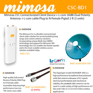 Mimosa C5C Device + L-com HG4958DP-30D 30dBi Dual Polarity Dish Antenna + L-com cable Plug to N-Female (2 UNITS) (C5C-BD1)
