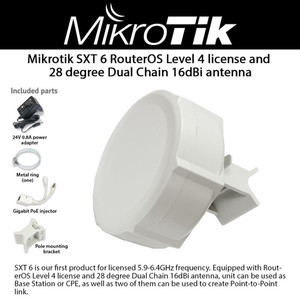 Mikrotik SXT 6 equipped with RouterOS Level 4 license and 28 degree Dual Chain 16dBi antenna. Can be used as Base Station or CPE (RBSXTG-6HPnD)