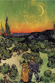 Landscape With Couple Walking Crescent Moon by Van Gogh