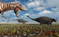 A Tyrannosaurus Rex Hunting Down A Pair Of Ankylosaurus Dinosaurs III