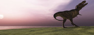 A Tyrannosaurus Rex Dinosaur Roars His Defiance On An Oceanside Bluff