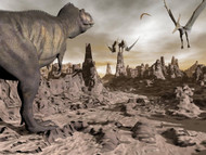 Tyrannosaurus Rex Dinosaur And Pteranodons On A Rocky Desert Landscape