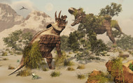 Living Fossils Of A Triceratops And A T-Rex Confronting Each Other