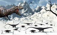 A Tyrannosaurus Rex Stalks A Mixed Herd Of Herbivorous Dinosaurs