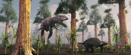 A Tyrannosaurus Rex Tracking Down A Lone Ankylosaurus Dinosaur