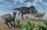 Tyrannosaurus Rex Attacking A Herd Of Parasaurolophus Duckbill Dinosaurs
