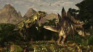 A Large Carnivorous Torvosaurus Preying On A Stegosaurus