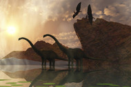 Diplodocus Dinosaurs And Pterodactyl Birds Greet The Early Morning Mist