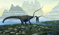 Diplodocus Dinosaurs Munch On Vegetation Near A Mountain Lake