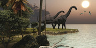 Two Brachiosaurus Dinosaurs Enjoy A Beautiful Sunset