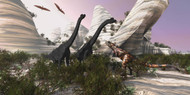 A Carnotaurus Dinosaur Approaches Two Brachiosaurus For A Battle