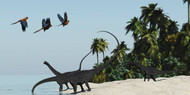 Diplodocus Dinosaurs Take A Drink In A Hot Tropical Region