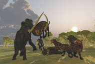 A Pack Of Saber Tooth Cats Attack A Small Woolly Mammoth