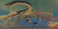 Three Plesiosaurus Dinosaurs Swim Near A Natural Coral Reef Bridge
