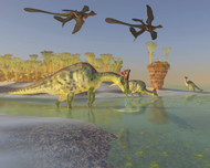 Olorotitan Eat Duckweed In A Large Swamp As Two Microraptors Fly Above