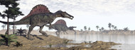 Two Spinosaurus Dinosaurs Walking To The Water In A Desert Landscape