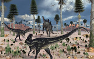 A Pair Of Allosaurus Dinosaurs Confront A Lone Stegosaurus