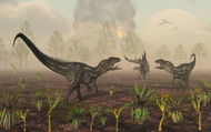 A Pair Of Allosaurus Dinosaurs Tracking Down A Lone Stegosaurus
