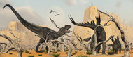 A Female Stegosaurus Protects Her Infant From An Allosaurus