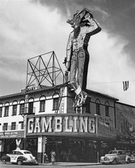 Vegas Vic towering over the Pioneer Club on Fremont Street