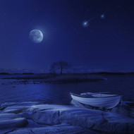 A Boat Moored Near An Icy Stone In A Lake Against Starry Sky Finland