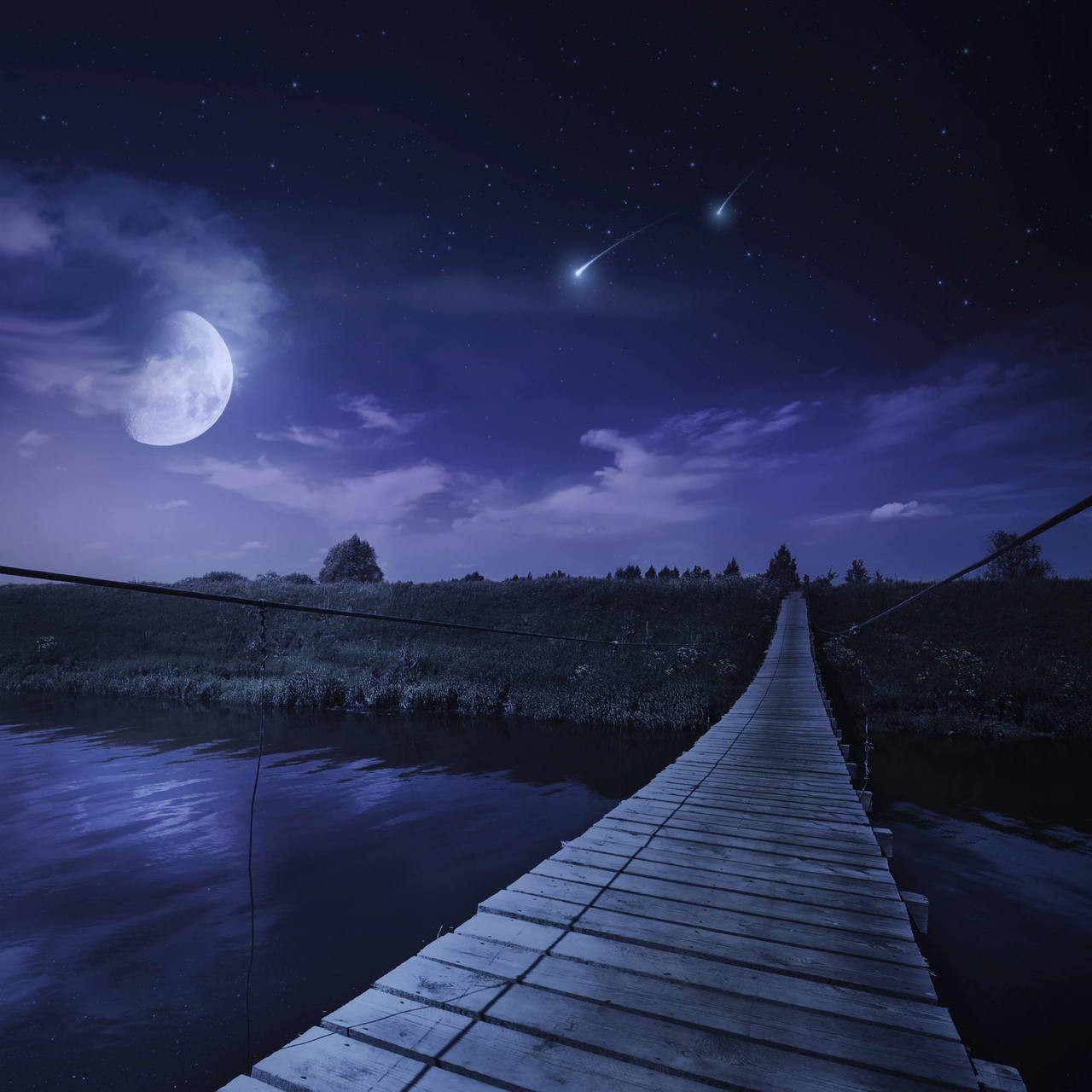 A Bridge Across The River At Night Against Starry Sky Russia - Walls 360