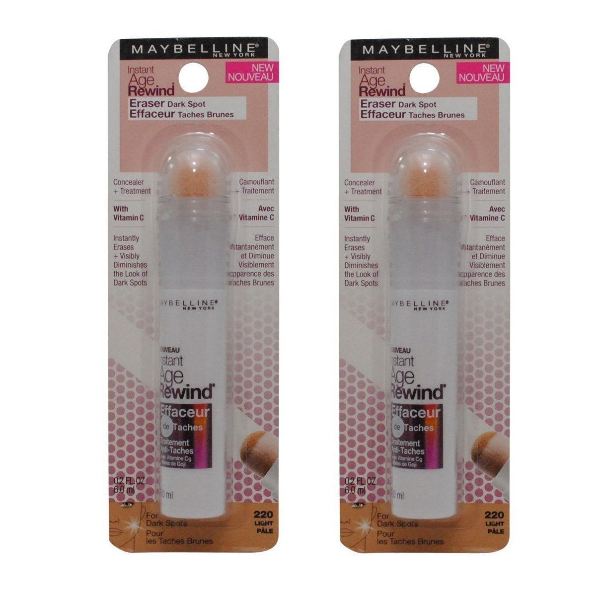 Maybelline New York Instant Age Rewind Eraser Dark Spot Concealer Plus  Treatment, 220 Light, (Pack of 2)