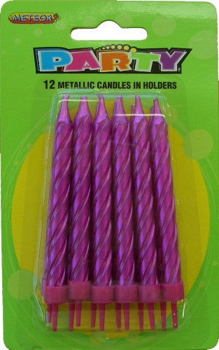 12 METALLIC CANDLES IN HOLDERS - HOT PINK