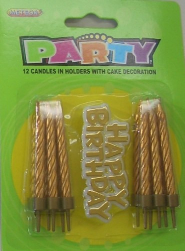 12 CANDLES IN HOLDERS WITH CAKE DECORATION - GOLD