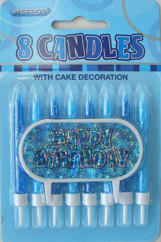GLITZ BLUE 8 CANDLES WITH HAPPY BIRTHDAY DECORATION