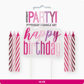 HAPPY BIRTHDAY CANDLE AND 12 SPIRAL CANDLES - PINK